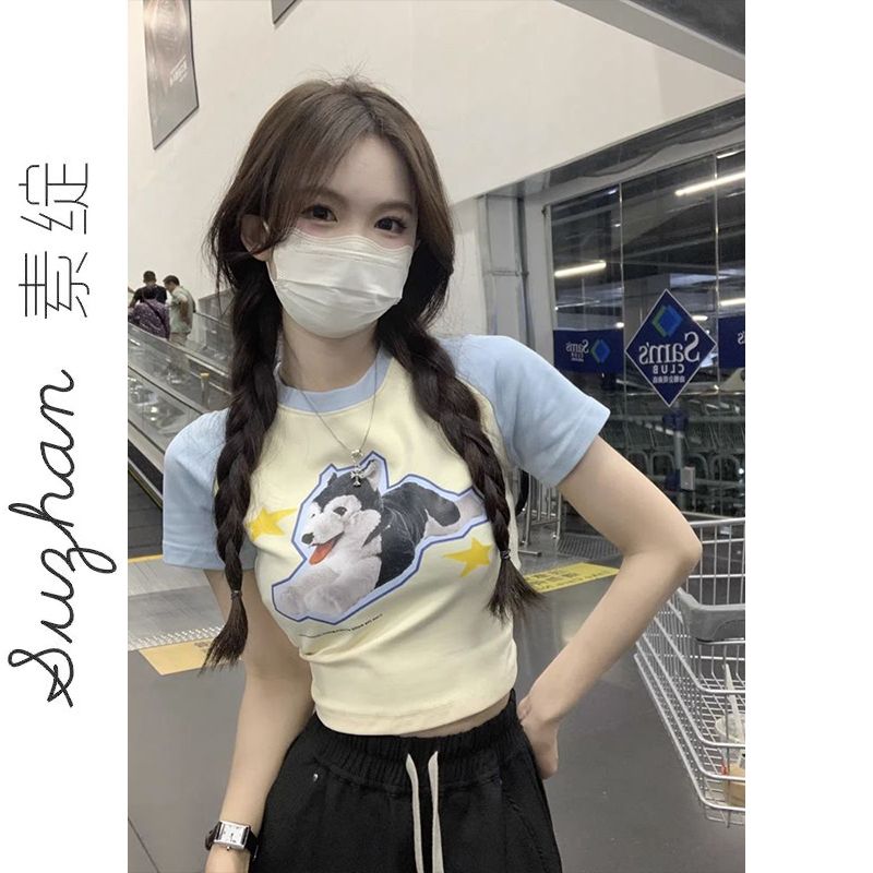 美式復古卡通小狗印花短款插肩袖上衣女圓領百搭設計感純棉短袖潮