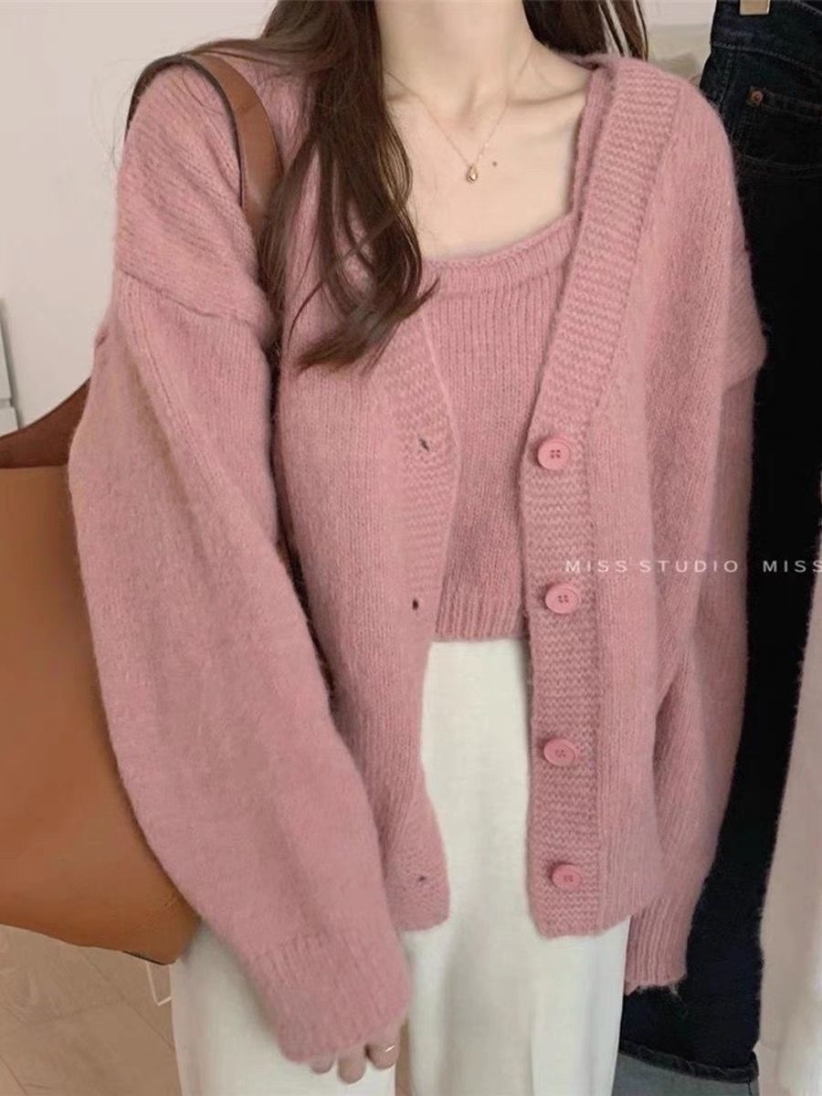 溫柔慵懶風毛衣外套女2023年新款秋季吊帶背心針織開衫兩件套上衣