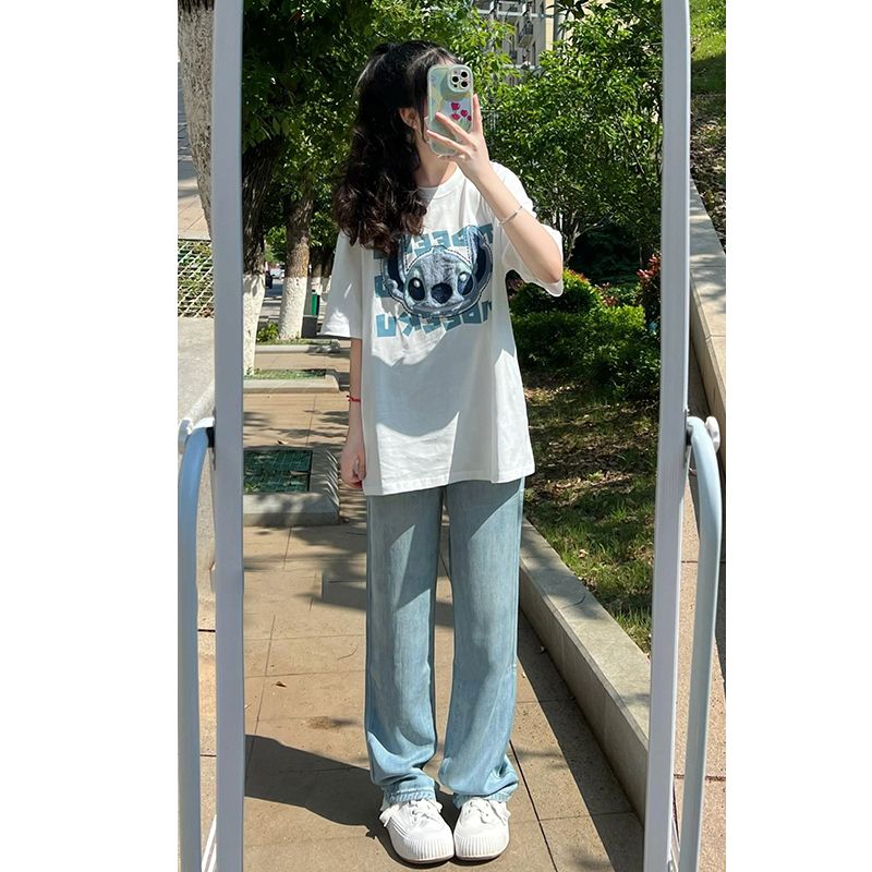淺色高腰闊腿牛仔褲女寬鬆垂感顯瘦大碼胖MM美式百搭直筒拖地長褲