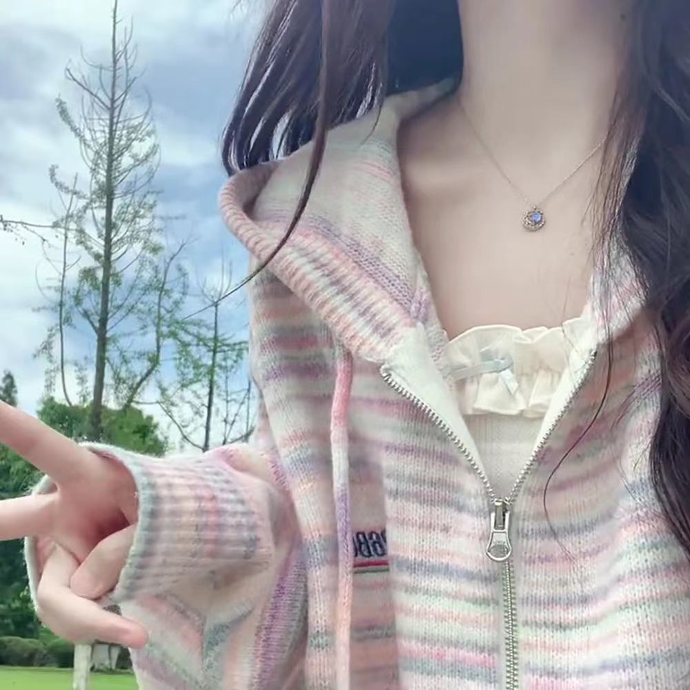 甜美學院風毛衣針織衫連帽開衫女裝秋季設計感小眾慵懶風休閒外套