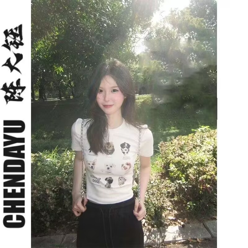陳大鈺小清新正肩短袖T恤女短款夏季2023年新款印花動物小眾上衣t