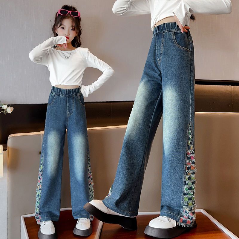 女童褲子春秋洋氣2023新款兒童闊腿牛仔褲寬鬆女孩秋裝直筒休閒褲