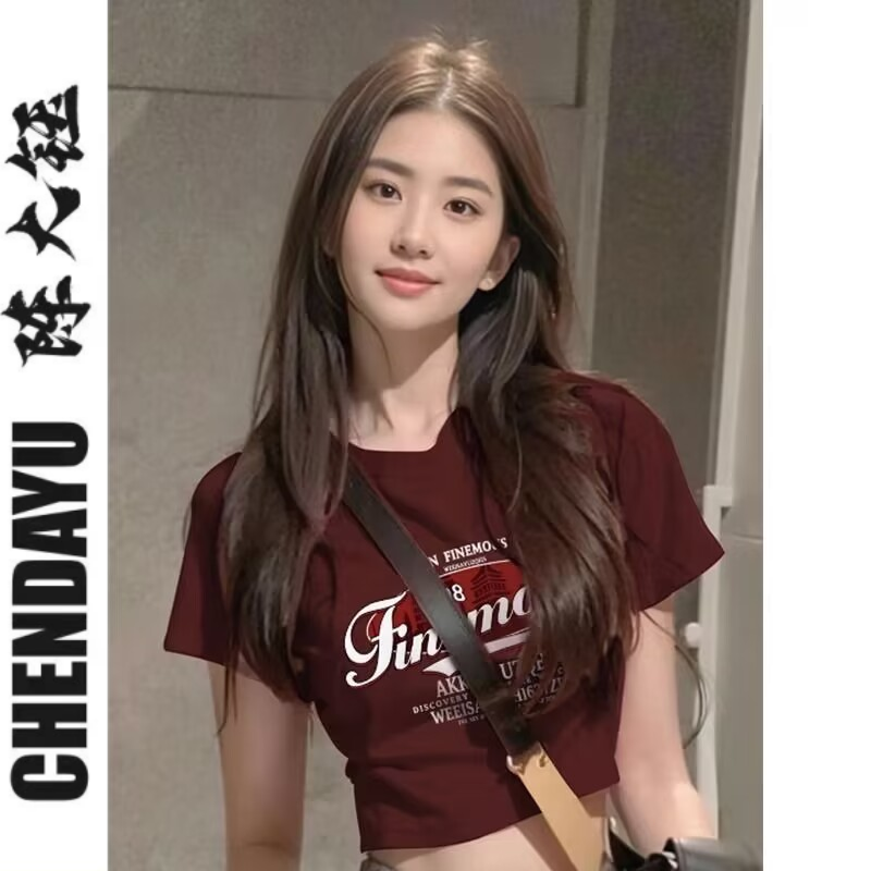 陳大鈺2023夏季新款復古美式甜辣圓領短款t恤女短袖印花百搭上衣