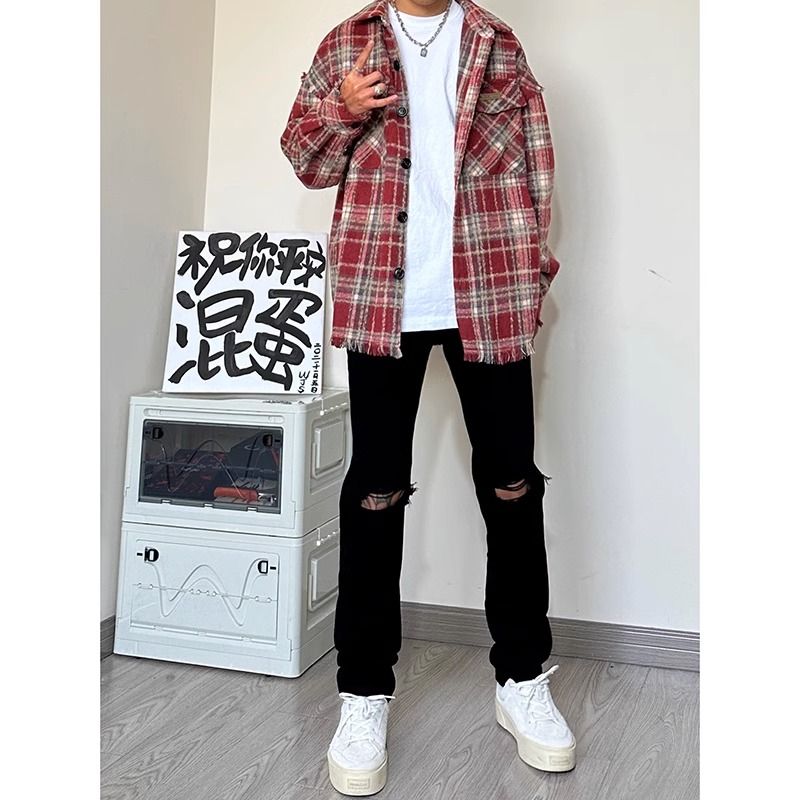 黑色破洞牛仔褲男美式復古高街寬鬆直筒褲潮牌港風純色休閒長褲子