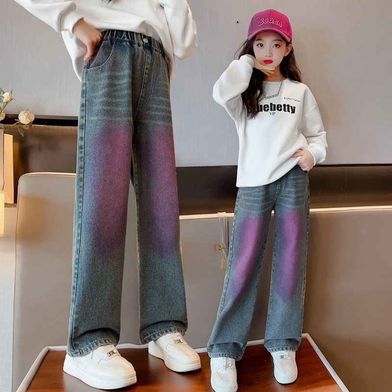 女童牛仔褲春秋款時髦中大童秋裝2023新款兒童褲子寬鬆直筒闊腿褲