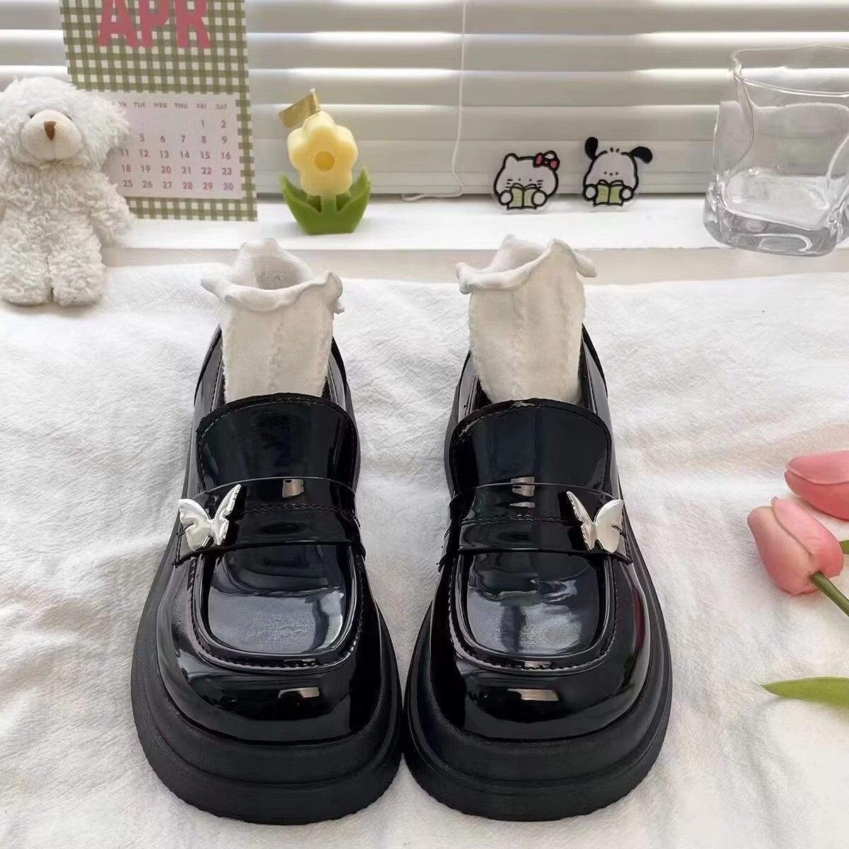 法式瑪麗珍小皮鞋女2023春新款厚底蝴蝶一腳蹬配裙子粗跟高跟單鞋