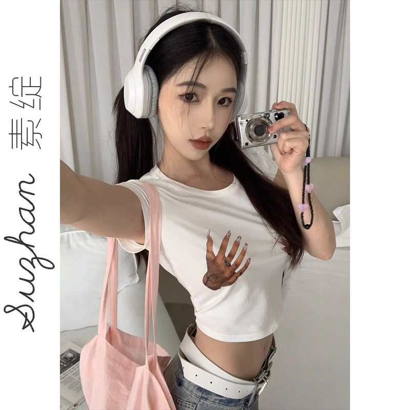 美式新款純棉手掌印花短袖上衣女甜酷辣妹正肩百搭別致短款t恤衫