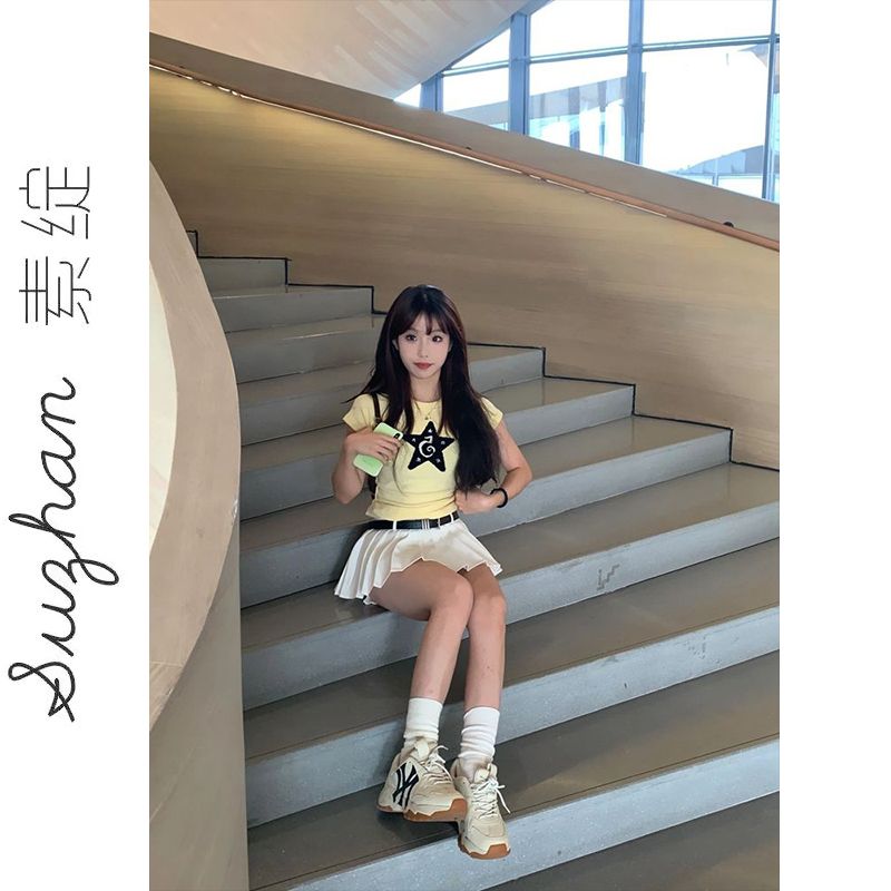 純欲辣妹鏤空短袖t恤衫女美式正肩星星創意毛巾繡莫代爾上衣服潮