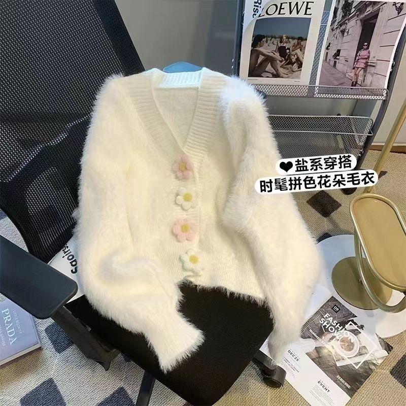 超仙粉色水貂絨針織外套女秋冬溫柔風立體花朵毛衣軟軟糯糯的上衣