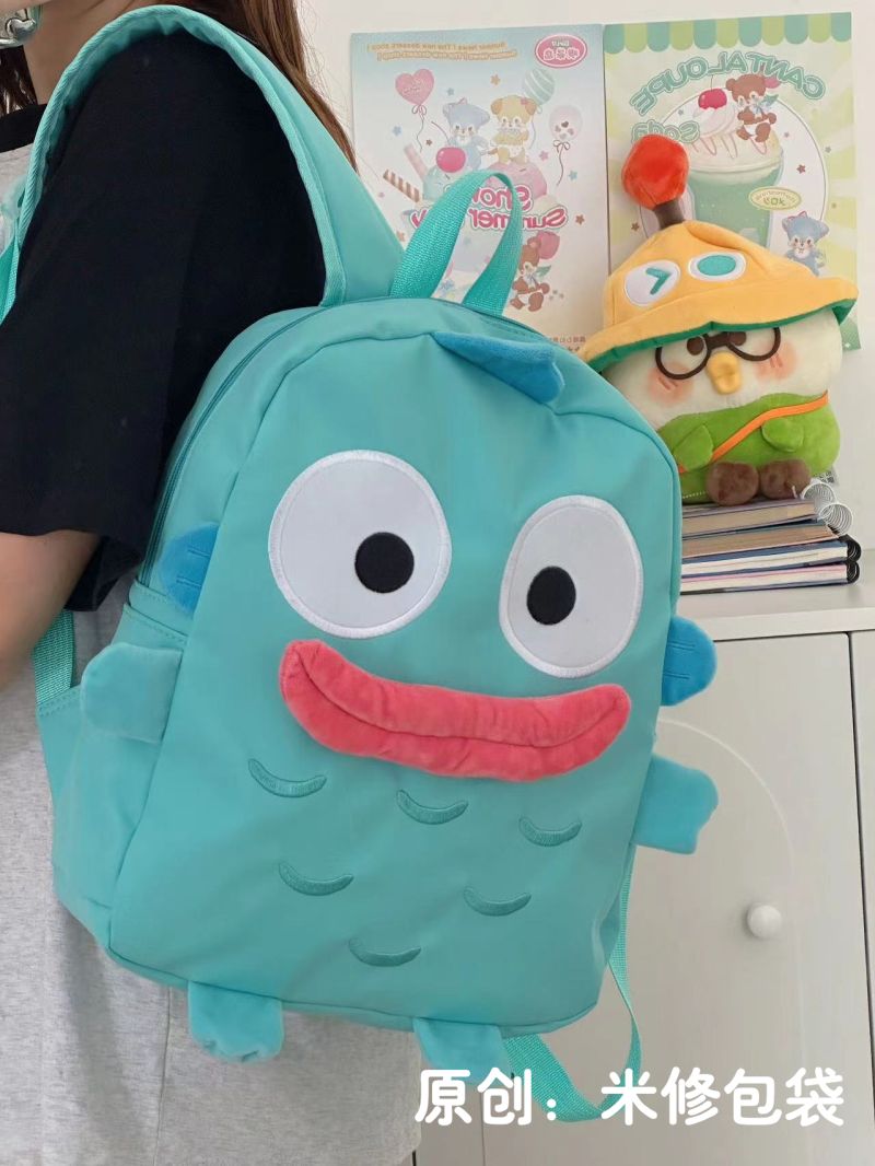 2023新款日系可愛卡通大嘴魚雙肩包丑萌藍色大容量背包男女同款
