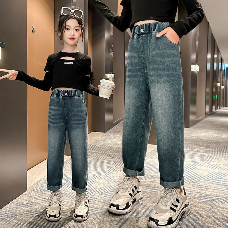 女童牛仔褲春秋2023新款洋氣中大童女孩秋款休閒時髦兒童秋裝褲子