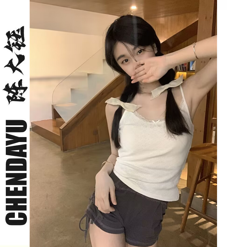 純欲風蕾絲邊蝴蝶結白色bm風純棉吊帶背心女夏季修身內搭外穿上衣