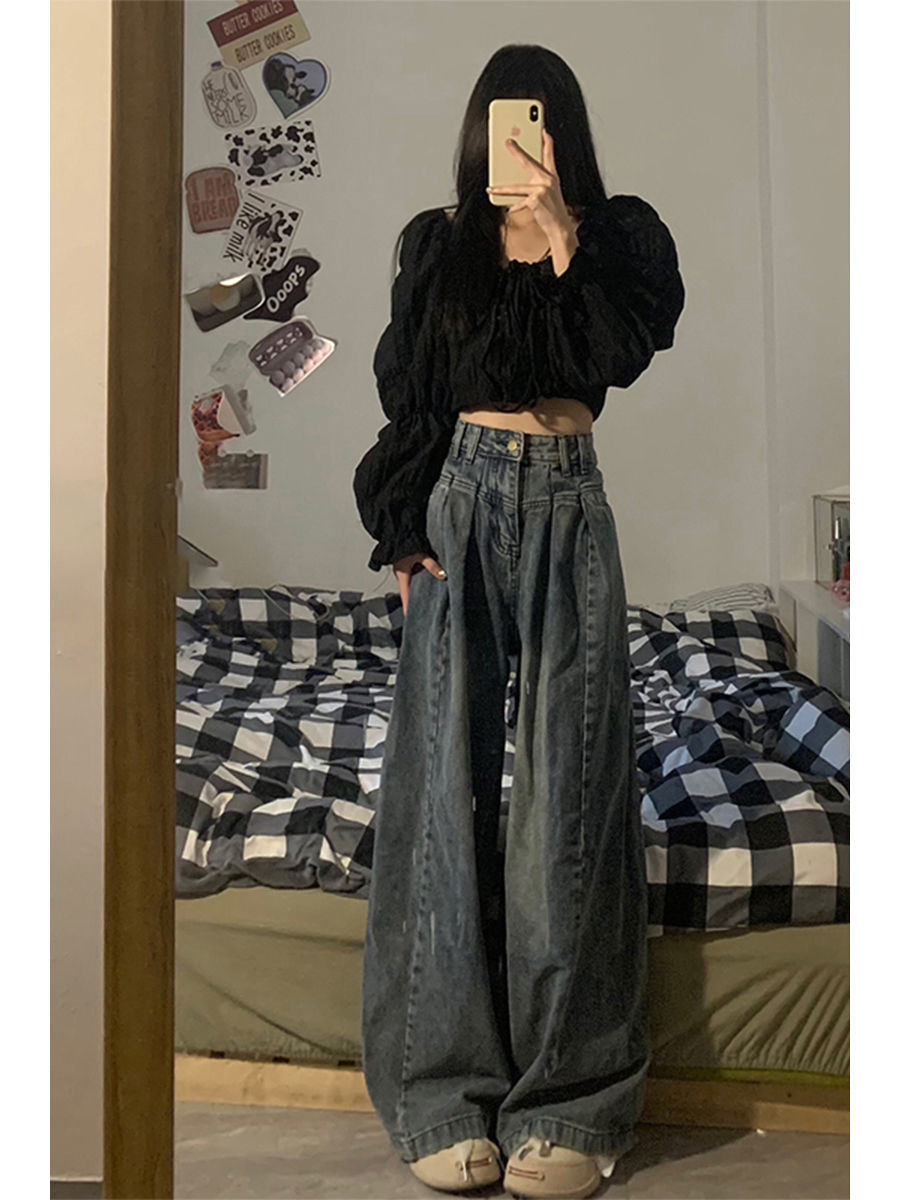 美式復古闊腿牛仔褲女春秋季新款大碼胖mm高腰寬鬆顯瘦垂感褲子夏