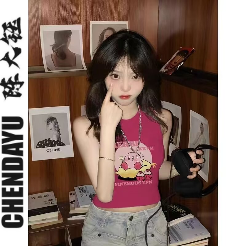 多巴胺女孩穿搭甜辣小背心女夏季短款玫紅色千禧辣妹無袖T恤上衣
