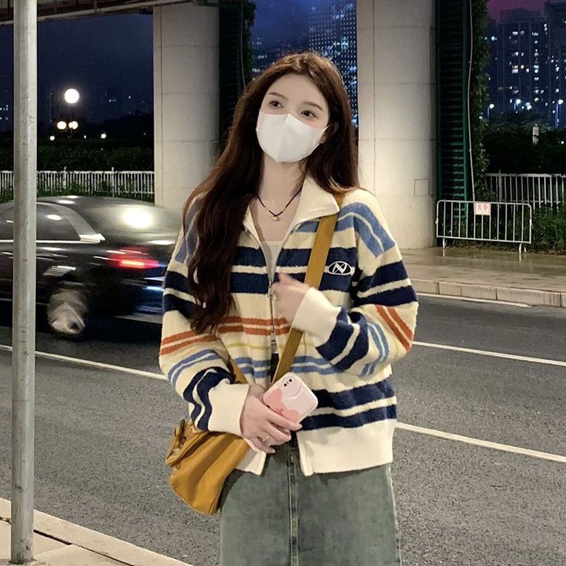 彩虹條紋復古雙開拉鏈開衫小個子外套春季款小眾設計感針織毛衣女