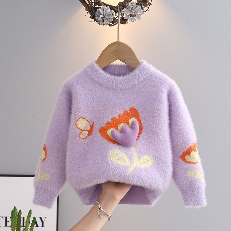 Girls' mink velvet sweaters, girls' small and medium-sized children's clothing, fashionable new sweaters, autumn and winter knitted sweaters, wool tops, trendy