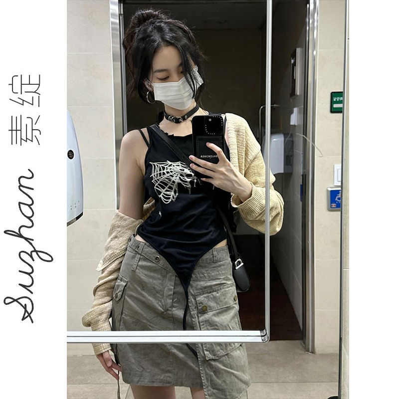新款亞文化設計感小眾不規則綁帶吊帶背心女夏季莫代爾朋克風上衣