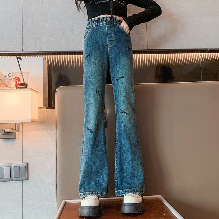女童春秋高彈牛仔褲新款高腰女孩顯瘦喇叭褲中大童喇褲時髦長褲