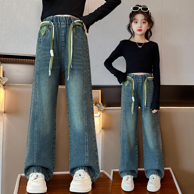 Girls' pants spring and autumn high-waisted children's large and medium-sized children's loose casual girls' trousers autumn denim wide-leg pants new style