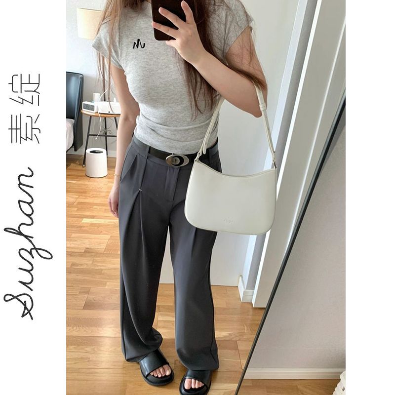 甜酷辣妹灰色不規則正肩t恤女夏季新款短款修身高級感短款上衣服