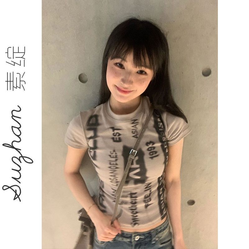 y2k千禧別致辣妹小眾打底上衣女莫代爾新款滿印圓領短款短袖t恤衫