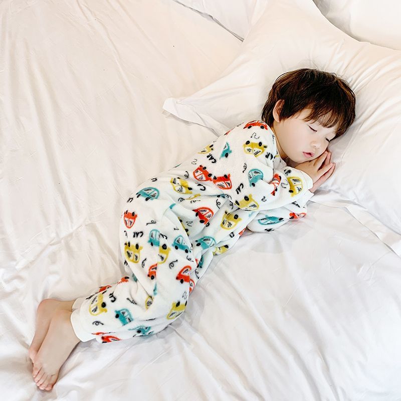 Children's baby one-piece pajamas, autumn and winter velvet thickened flannel home clothes, anti-kicking baby sleeping bag