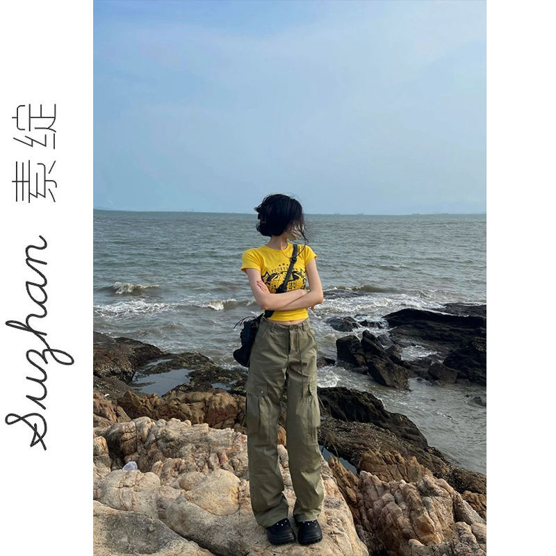 美式辣妹正肩純欲修身顯瘦露臍短款上衣港風chic圓領印花logo短袖