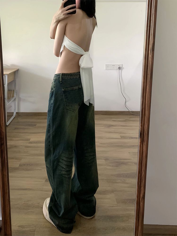 美式復古低腰微喇牛仔褲女秋季新款辣妹寬鬆闊腿顯瘦直筒喇叭褲子