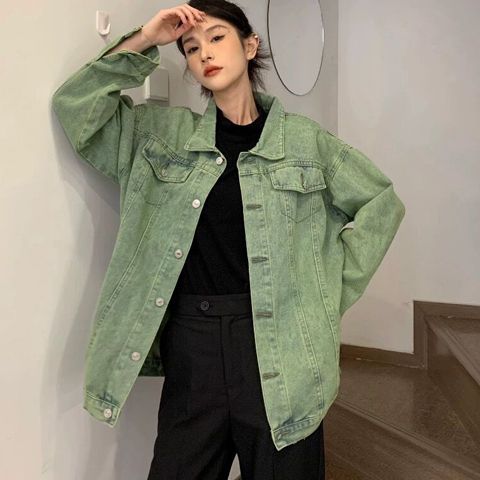 春季新款ins綠色水洗牛仔外套女2023年原宿風oversize夾克上衣潮