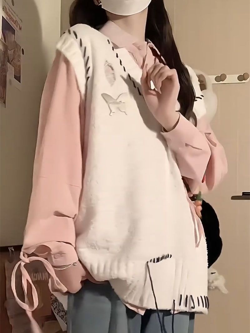 套装/单件日系纯欲风拼接针织白色马甲背心女学生ins+粉色衬衫