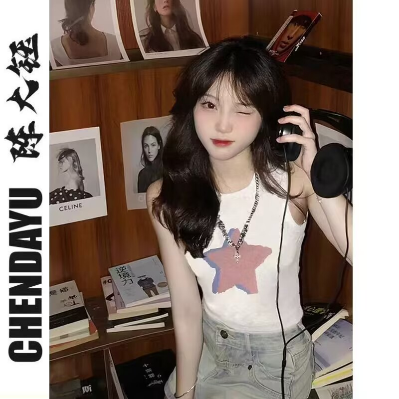 設計感小眾圓領無袖白色T恤女裝2023夏季新款印花短款小背心上衣