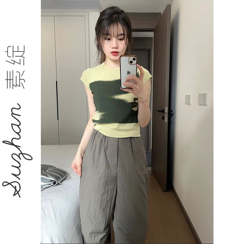 夏季復古抽象印花檸檬綠新款百搭上衣女小眾修身顯瘦打底上衣ins