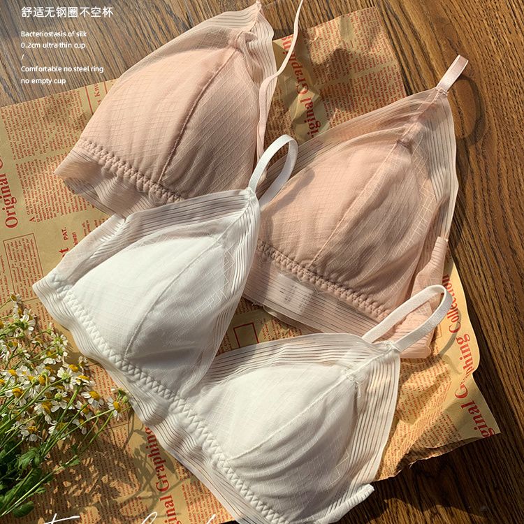 新款法式蕾絲內衣女顯瘦夏季輕薄小胸聚攏網紗無鋼圈文胸三角杯