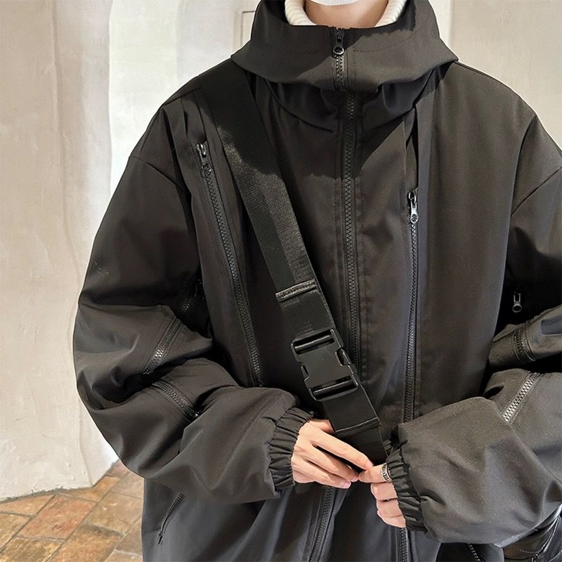歐美高街hiphop外套潮牌高級感戶外機能衝鋒衣男黑色連帽夾克衫