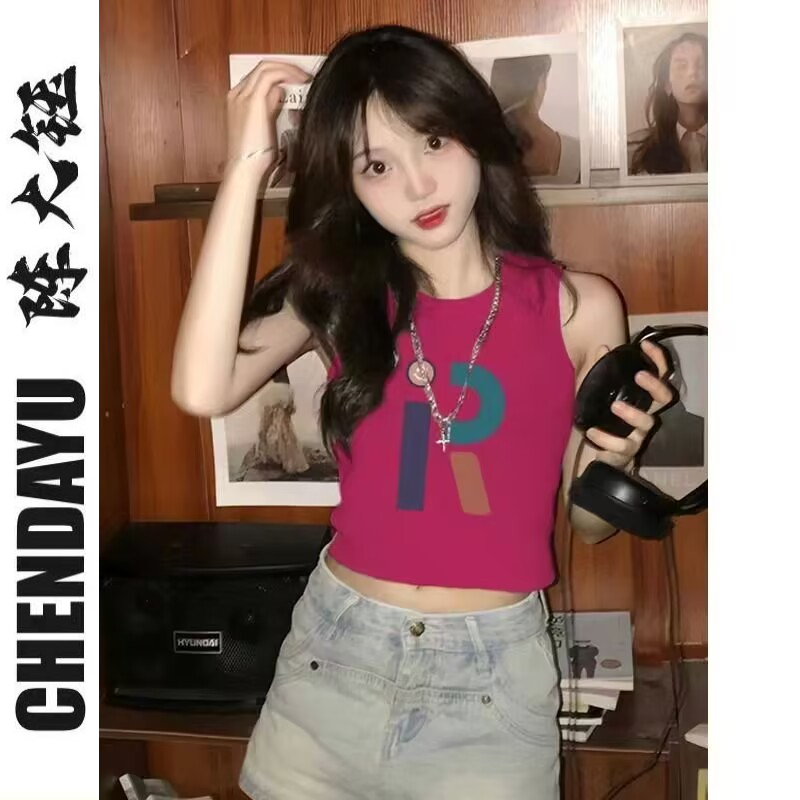 小眾vintage多巴胺穿搭純潮玫紅色無袖背心女夏季新款修身上衣服