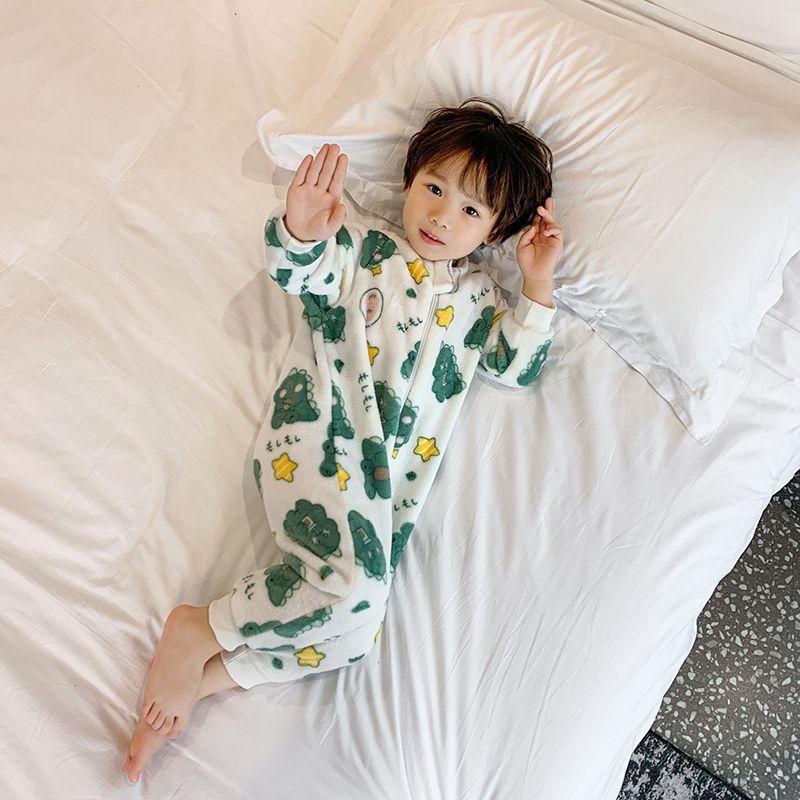 Children's baby one-piece pajamas, autumn and winter velvet thickened flannel home clothes, anti-kicking baby sleeping bag