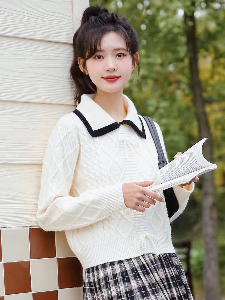 短款翻領麻花毛衣女2023春季新款日系寬鬆外穿長袖針織衫套頭上衣