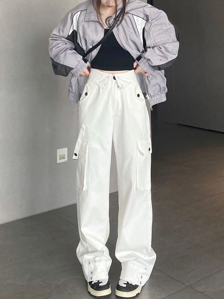 White cuffed waist overalls for women in autumn new design high waist straight and versatile loose wide leg casual pants