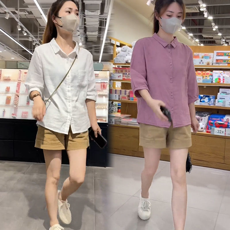 藍海奕諾簡約寬鬆時尚中袖襯衫女2023夏秋顯瘦文藝純色防曬白襯衣