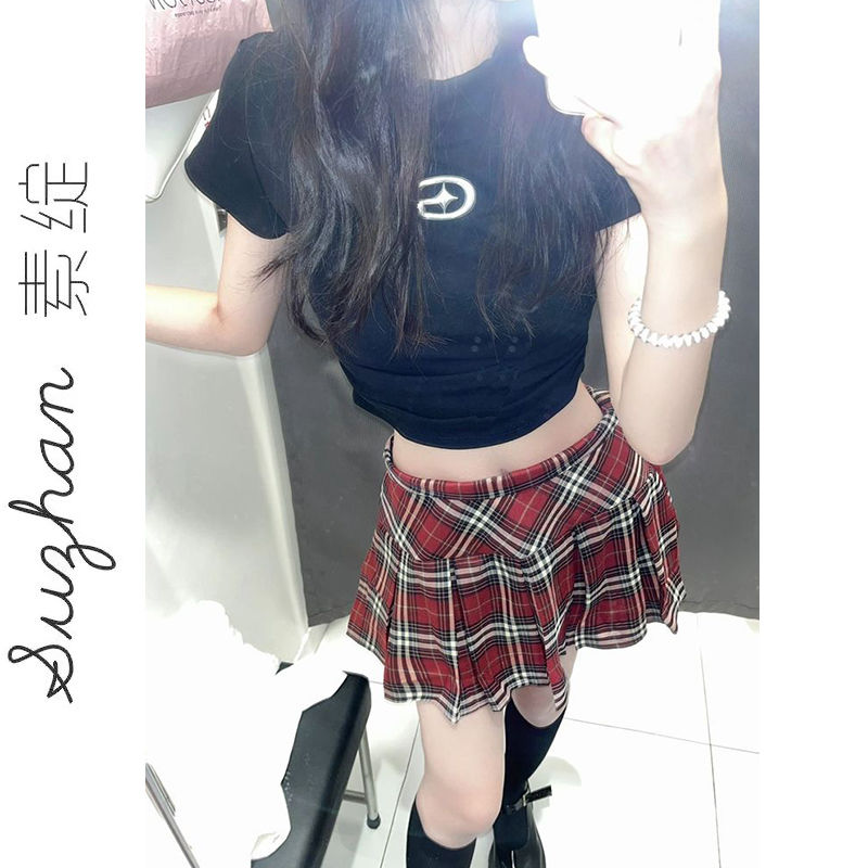美式復古印花正肩短袖t恤女夏季設計感高腰露臍甜酷妹修身短上衣