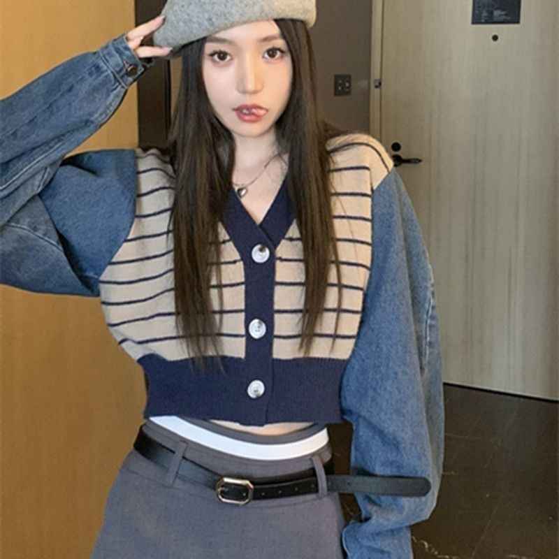 小個子設計感拼接牛仔袖毛衣開衫秋季女短款撞色條紋針織衫上衣潮