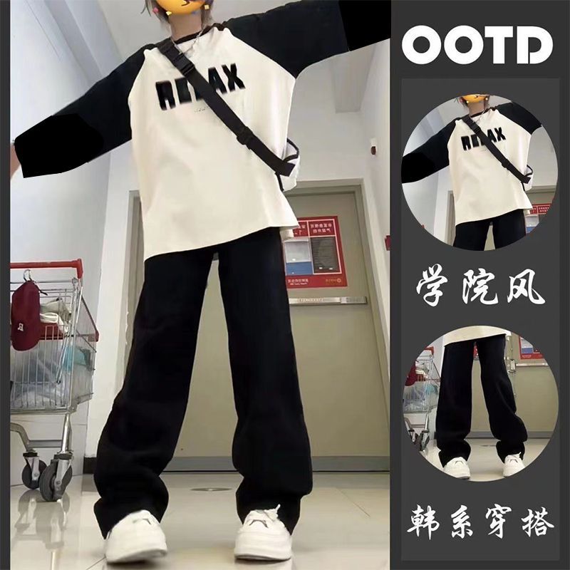單/套裝秋季爆款插肩短袖女長袖上衣休閒闊腿褲網紅穿搭兩件套潮