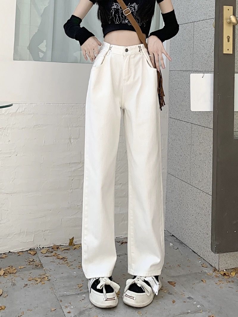 白色牛仔裤女夏秋高腰梨形身材显瘦宽松垂感辣妹直筒小个子拖地裤