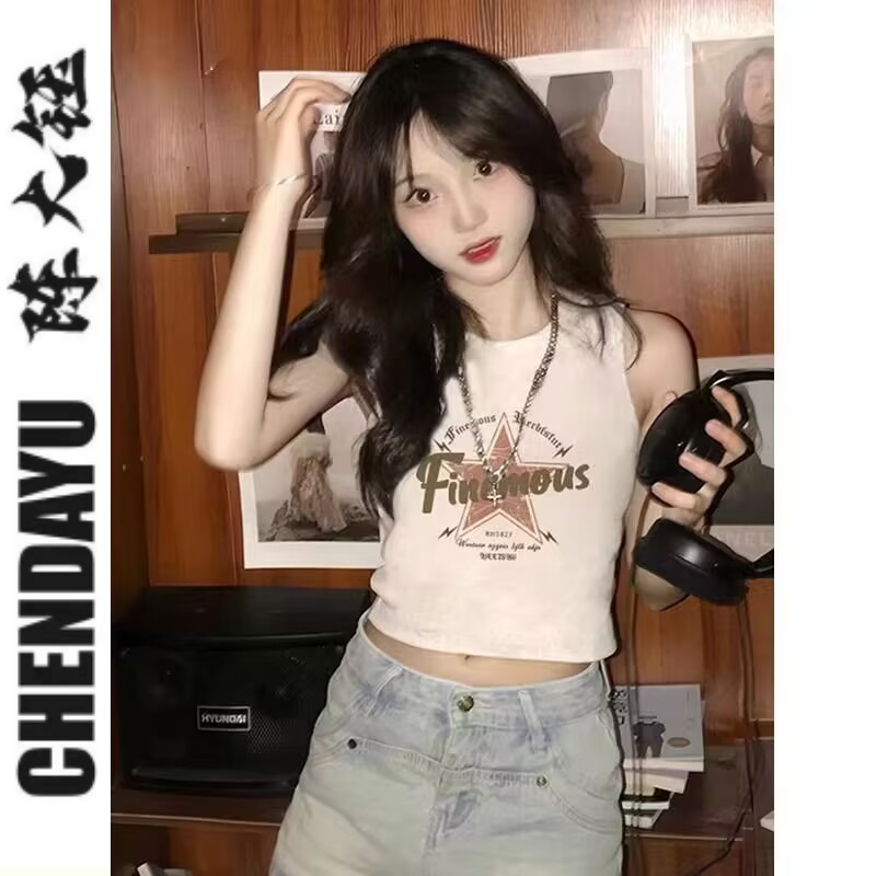 甜酷風圓領印花小背心女夏季多巴胺穿搭性感露臍短款無袖T恤~上衣