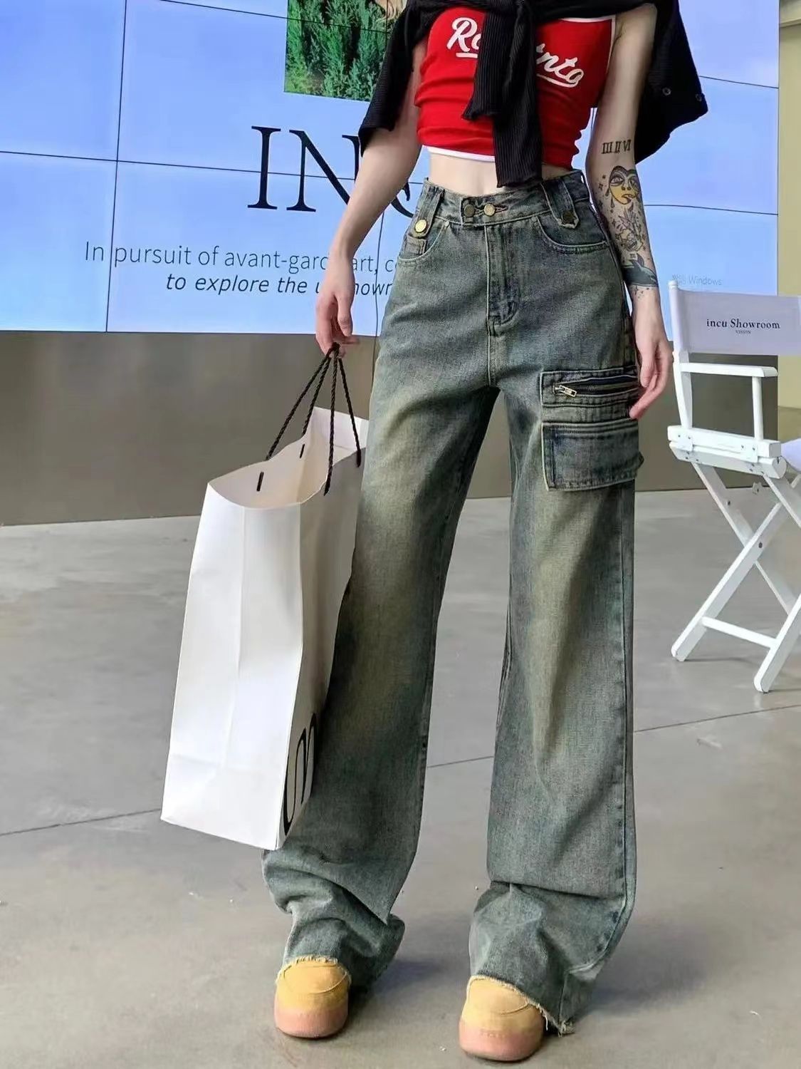 復古高腰直筒微喇叭牛仔褲秋季新款女美式設計感小眾闊腿拖地褲子
