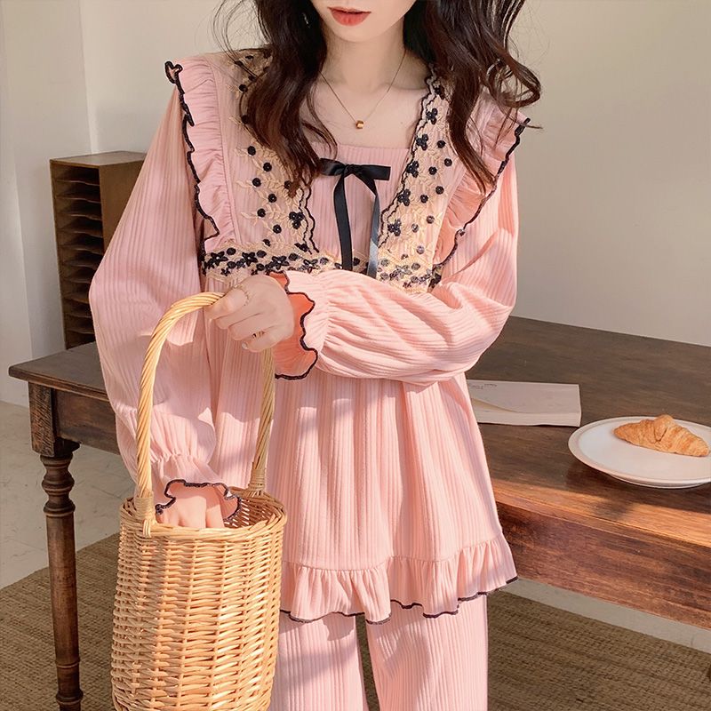 睡衣女春秋款季純棉長袖2023年新款公主風休閒花邊豆沙家居服套裝