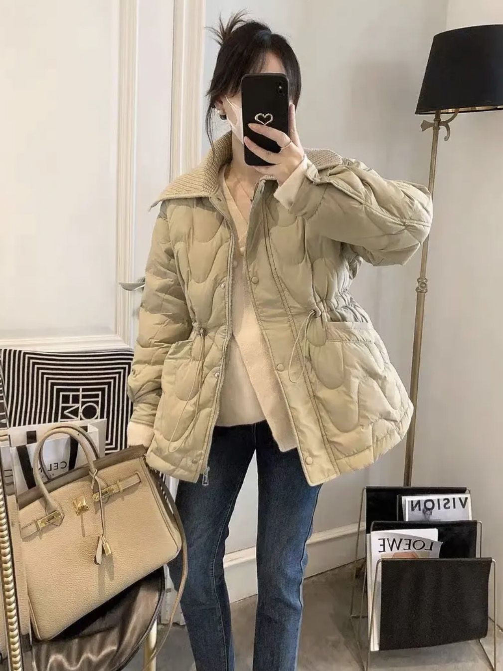 歐貨大翻領女冬季新款小個子百搭抽繩收腰白外套