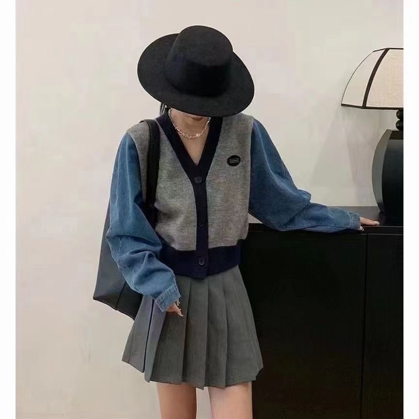 秋冬新款時尚氣質寬鬆針織衫外套女裝短款V領牛仔袖拼接上衣開衫