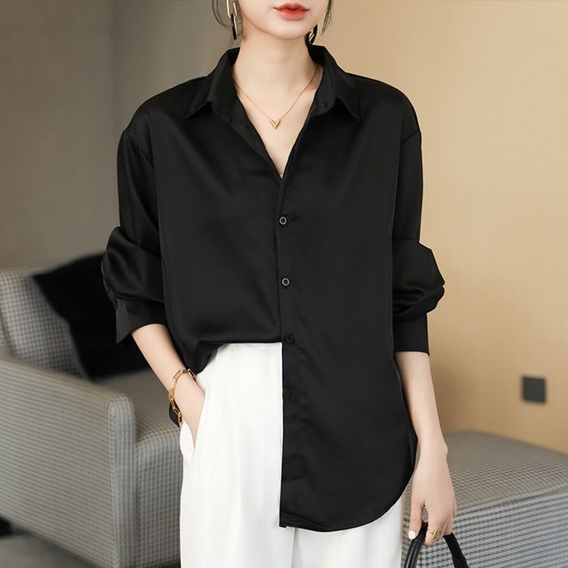 黑色襯衫女簡約垂感長袖襯衣2023秋裝氣質法式設計感通勤別致上衣