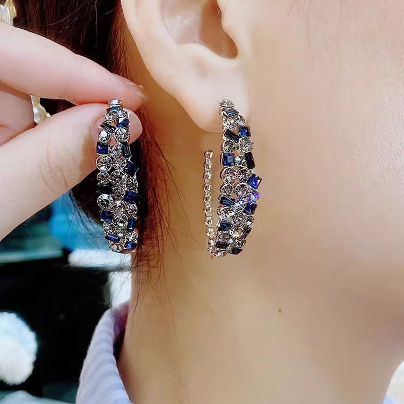 Baroque rhinestone C-ring earrings, high-end, light luxury, European and American exaggerated personality, unique design, Hong Kong style earrings